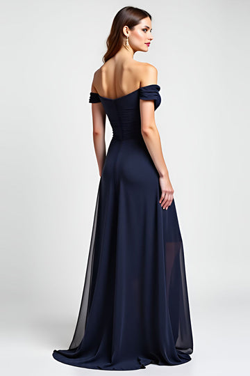 Navy Sheath Off the Shoulder Ruched Chiffon Long Wedding Guest Dress with Slit